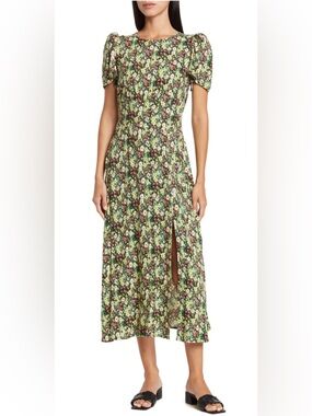 AFRM Green Floral Puff-Sleeve Midi Dress